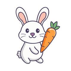 Cute Cartoon Rabbit Holding a Carrot Illustration with Outline Style Art