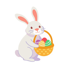 Cute Easter bunny holding an orange basket full of colorful Easter eggs