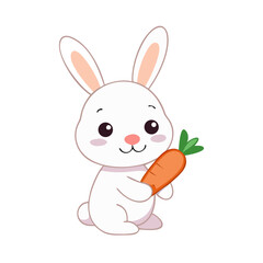 Cute white cartoon rabbit holding a carrot with a sweet smile