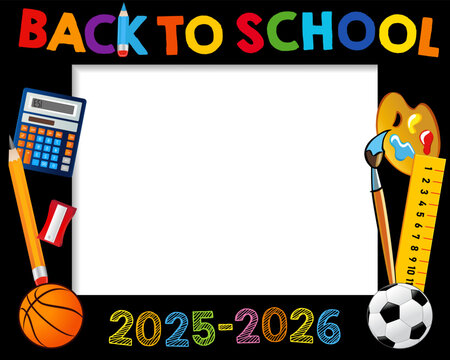 Back to school 2025-2026, creative photo booth design. First day of school concept for selfie photo frame. Vector illustration