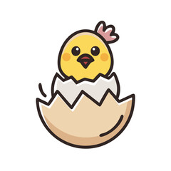 Cute cartoon chick hatching from an egg, vector illustration on white