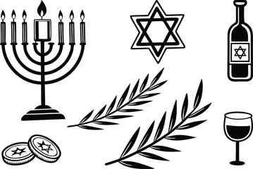 Hanukkah Elements Black Silhouette Set for Creative Design. Traditional Hanukkah Elements Black Silhouette Set for Projects. High Quality Hanukkah Elements Black Silhouette Set for Designers. Hanukkah