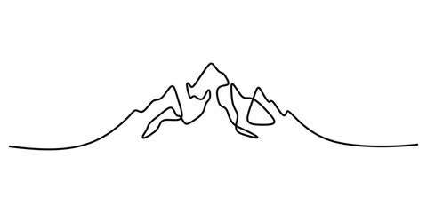 Continuous one line drawing of mountain range landscape, Mountains, Web banner with high mounts and peaks in simple linear style. Doodle vector illustration