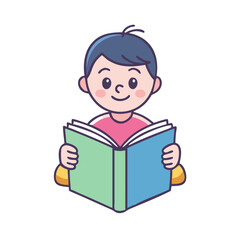 Cartoon boy engrossed in reading an open book with colorful pages