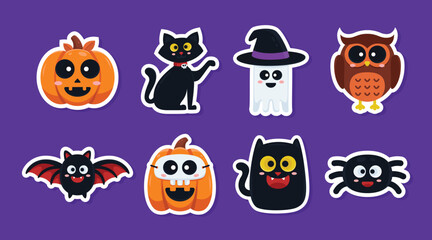 Cute Halloween character sticker bundles. Printable sticker of adorable pumpkin, cat, bat, ghost, and spider perfect for Halloween