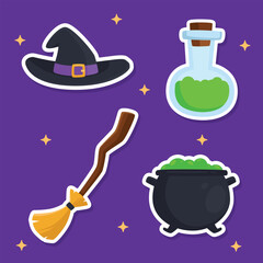 Witch themed mini sticker bundles on purple background. Wizard element collections such a broom, cauldron, potion, and hat
