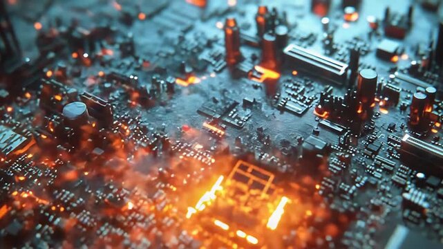 Computer motherboard is burning and emitting smoke, concept of hardware failure