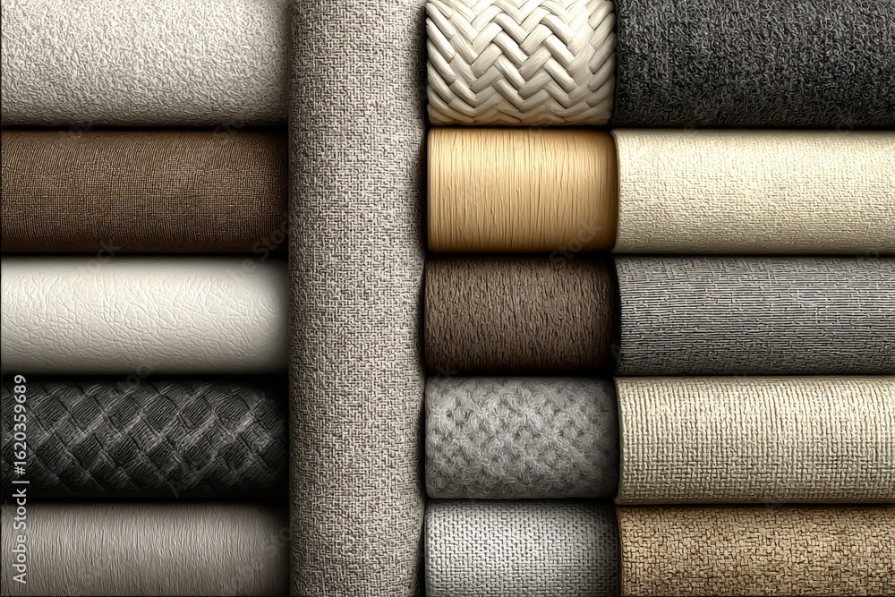 Poster textures of various fabric in neutral tones displayed horizontally across a textile store