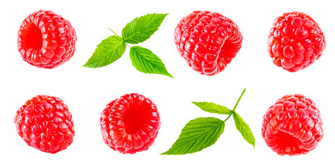 Set of ripe shiny raspberries with leaves on a white background.
