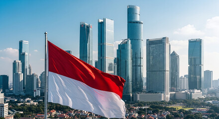 Indonesia flag proudly waves over Jakarta city skyline and modern architecture
