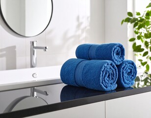 Rolled blue towels arranged symmetrically on a sleek black surface with chrome fixtures in the...