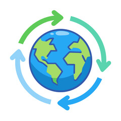 Stylized Earth globe encircled by arrows in shades of green and blue