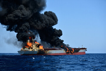 Burning ship in open ocean with thick smoke rising into clear blue sky, dramatic maritime disaster scene.