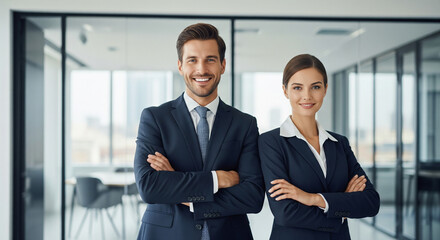 Fototapeta premium Successful male and female colleagues or partners in suits with arms crossed, smiling at the camera in a modern office. Represents teamwork and leadership