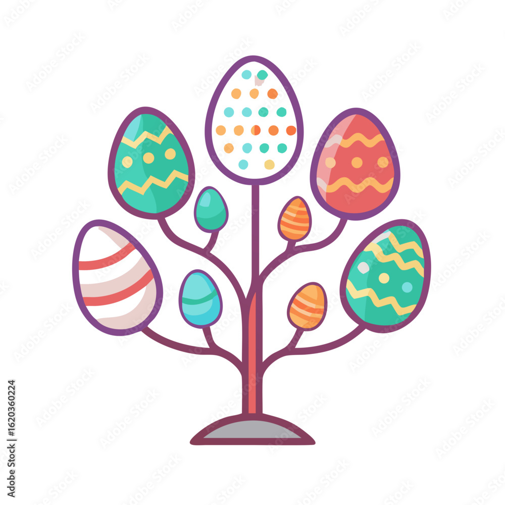 Poster colorful easter egg tree with various patterns isolated on white background