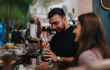 A cafe atmosphere with people collaboratively preparing drinks, surrounded by cozy, stylish decor.