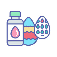 Colorful vector illustration of easter egg dye next to decorated eggs
