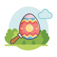 Easter egg illustration with a cloud, bushes and a blue background