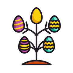Cartoon Easter Egg Tree with Colorful Decorated Eggs and Mound