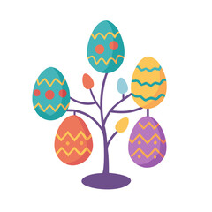 Colorful Easter Egg Tree with Zigzag Patterns on a White Background