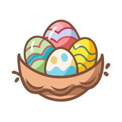 Festive easter egg nest with brightly colored and creatively designed eggs