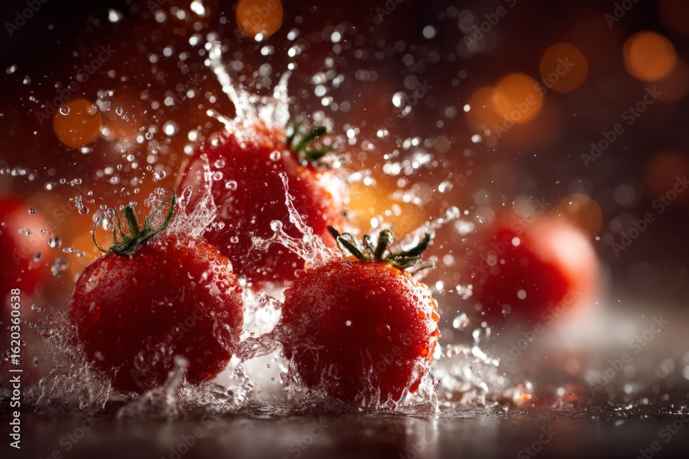 Poster fresh tomatoes splash in water creating vibrant droplets on a dark background during a culinary setu