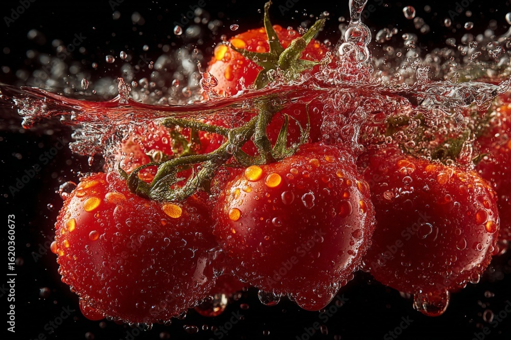 Poster fresh red tomatoes splashing in water create vibrant bubbles and droplets in a dynamic kitchen setti
