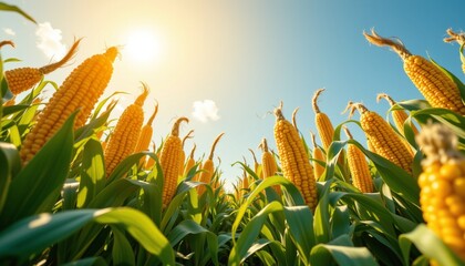 an open field of yellow corn under a clear blue sky with sunlight streaming in.