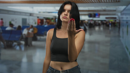 Young hispanic woman beckons with open hand at crowded airport terminal; delayed flight impatience.