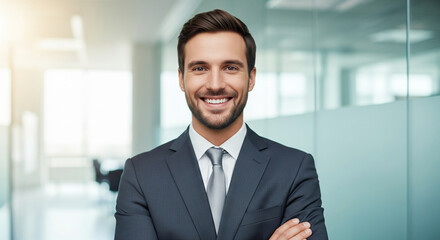 Fototapeta premium Handsome male executive, CEO, or manager in a suit with arms crossed, smiling at the camera, representing leadership