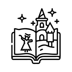 Illustrative Icon of Storybook with Witch and Fairytale Castle Scene