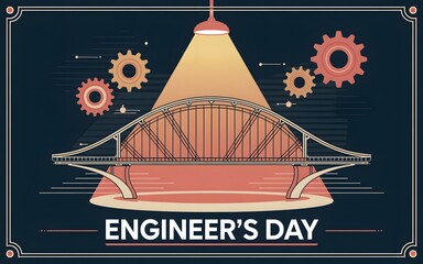 A vibrant vintage-style illustration celebrating Engineer's Day, featuring a spotlighted bridge and gears, embodying industrial innovation, construction, and technical ingenuity.