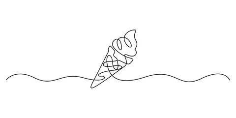 Ice cream in waffle cone in one continuous line drawing. Isolated on white background vector illustration