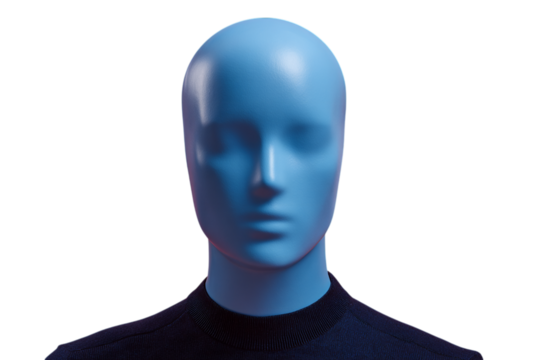Photo of close up studio shot of a blue mannequin head and shoulders against a transparent background for fashion display