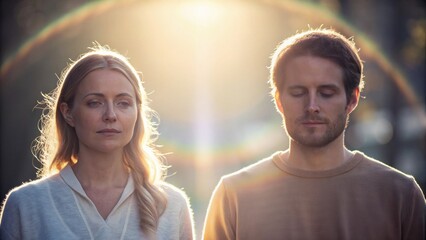 A serene moment capturing two individuals with closed eyes, bathed in soft sunlight, creating an ethereal atmosphere around them.