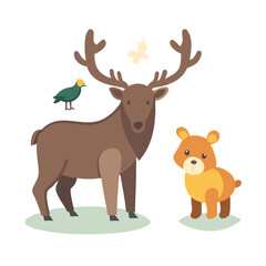 Cartoon illustration of a deer, bear cub, and small bird on grass