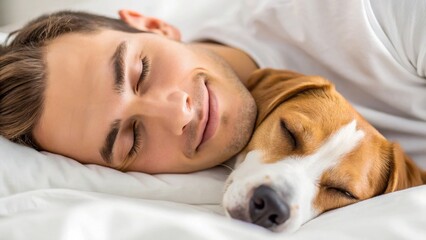 A man peacefully sleeps next to a dog, showcasing a bond of companionship and tranquility in a cozy setting.