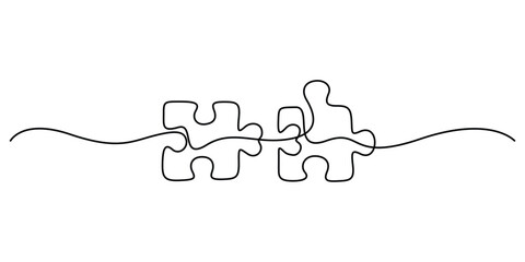 One continuous line drawing of two pieces of jigsaw on white background. Puzzle game symbol and sign business metaphor of problem solving, solution, and strategy. Graphic illustration