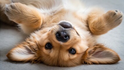 A playful corgi puppy lies on its back with its paws in the air, displaying a cute and friendly demeanor.