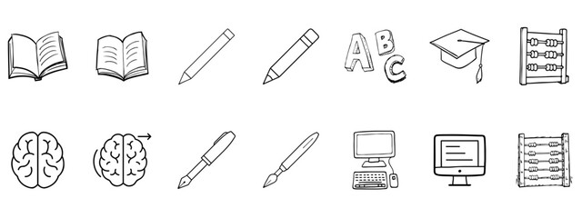 Set of Educational and Writing Icons Including Books, Lightbulb, Pencils, Computer, ABC and Notepad for Learning and Teaching

