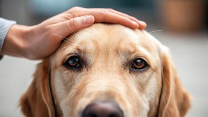 A close-up of a golden retriever being gently patted on the head by a person, showcasing a bond between them.