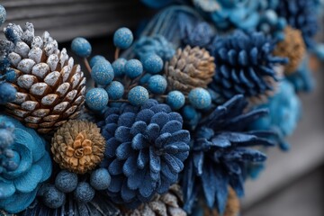 Decorative arrangement of blue and natural pinecones and flowers in artistic display for seasonal celebration