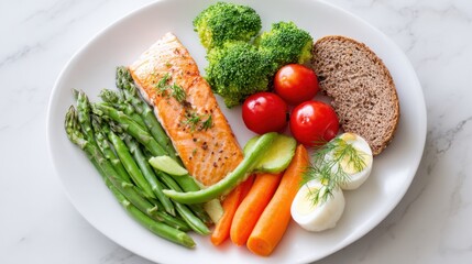 Balanced meal plate with vegetables, protein, and whole grains, colorful healthy food, clean white plate