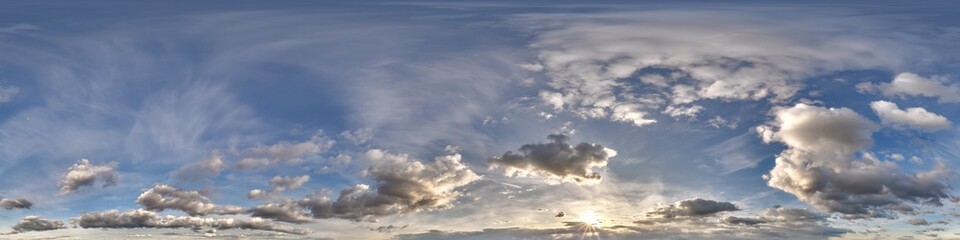 seamless cloudy blue sky hdri panorama 360 degrees angle view with zenith and beautiful clouds for use in 3d graphics or game development as sky dome or edit drone shot