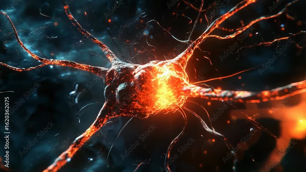 Poster glowing neuron sending signals in the brain, neural network communicating