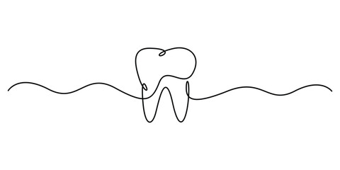 Continuous one line drawing of tooth whitening, Tooth continuous single line drawing. Dental symbol. Dental care concept vector illustration