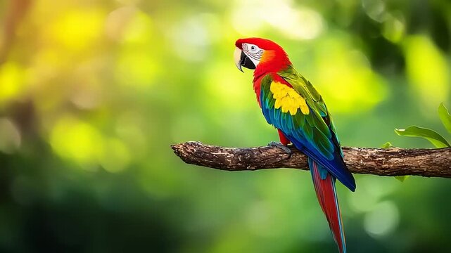 Colorful parrot on a branch in a lush forest.