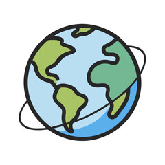 Stylized illustration of Earth with blue water and green landmasses and satellite orbit