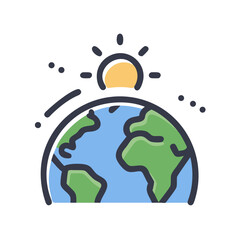 Cartoon Earth with Rising Sun Illustrating Global Warming and Environmental Change