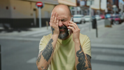 Man with tattoos holding phone on urban street in anguish, portraying frustration during outdoor...